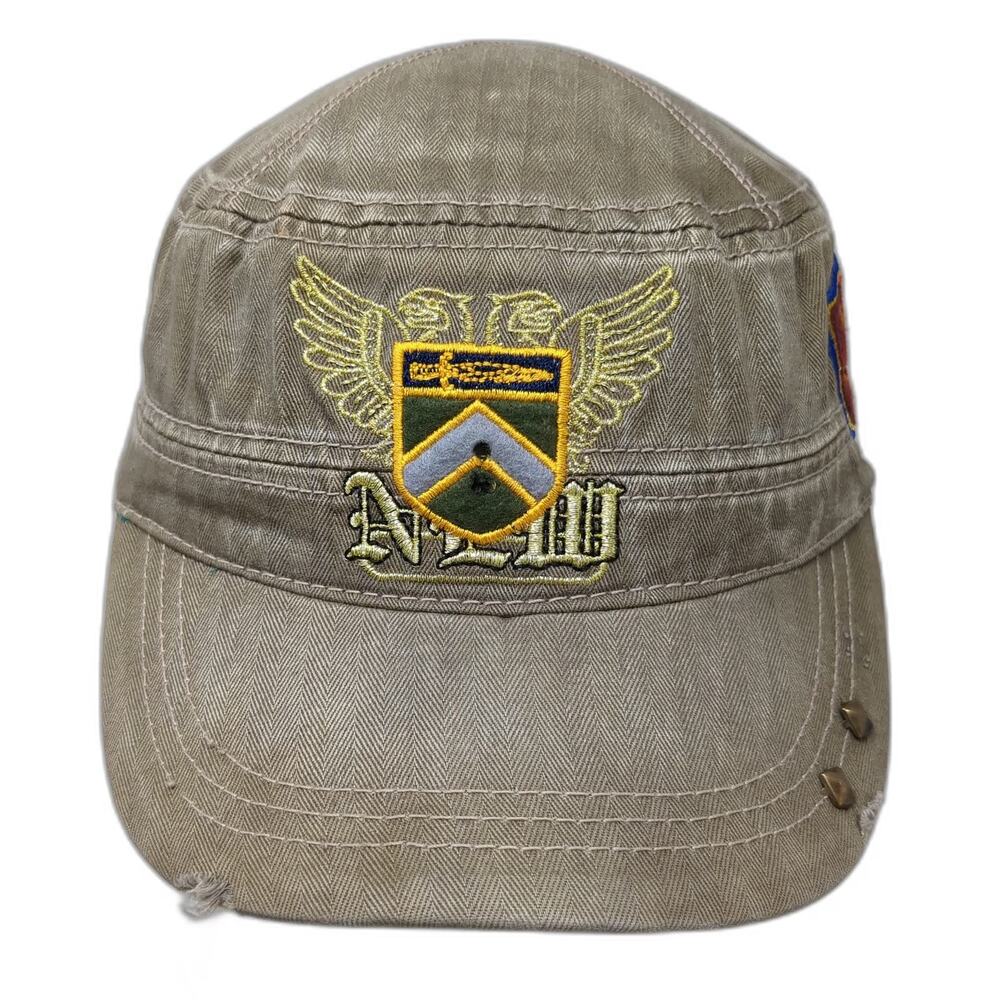 Best Headwear Army Cap Brown One Size Herringbone Shield Studded Patches Hat